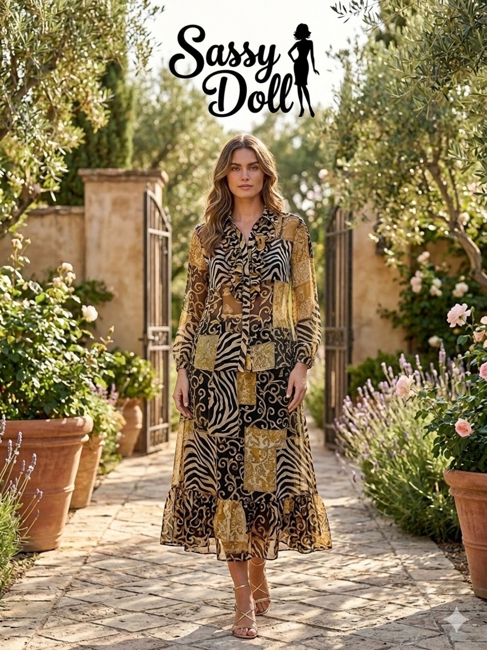 Vintage Sassy Doll Patchwork Print Maxi Skirt and Blouse in Black & Gold